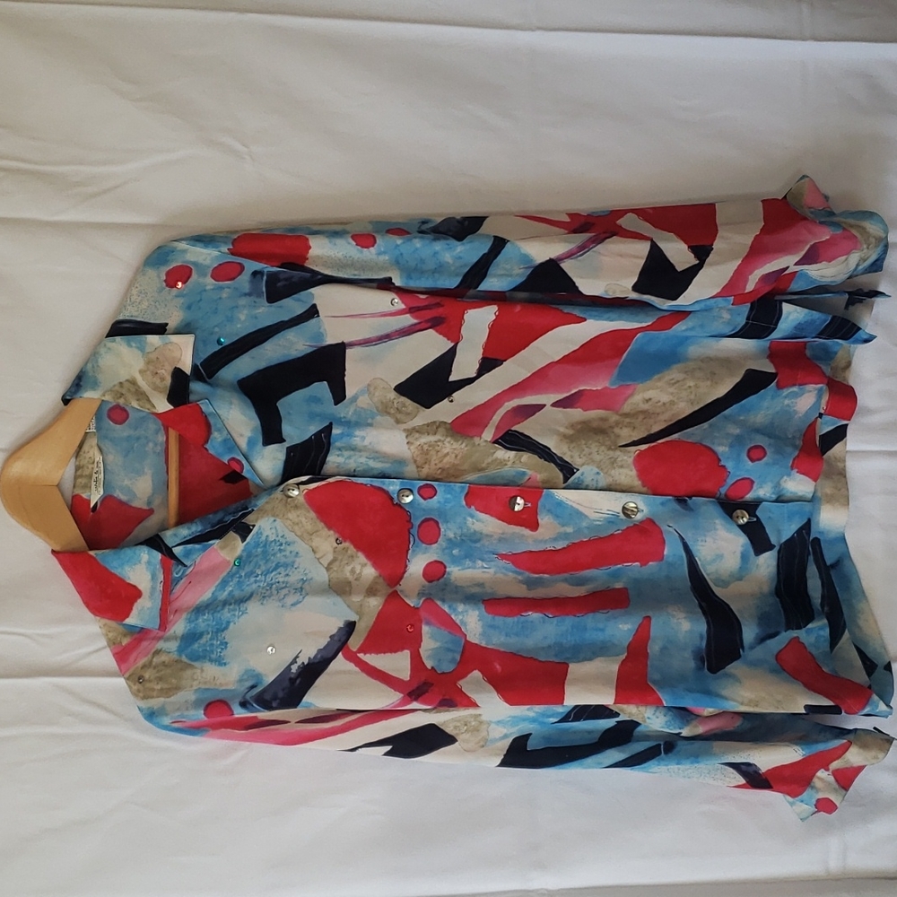 natalie & me 100% silk abstract, shell buttons down blouse sequin detail Size S